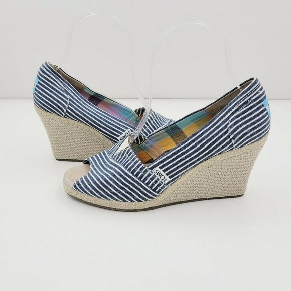 Toms Shoes - Toms Blue Striped Peep Toe Espadrille Wedge Sandal Size 7.5